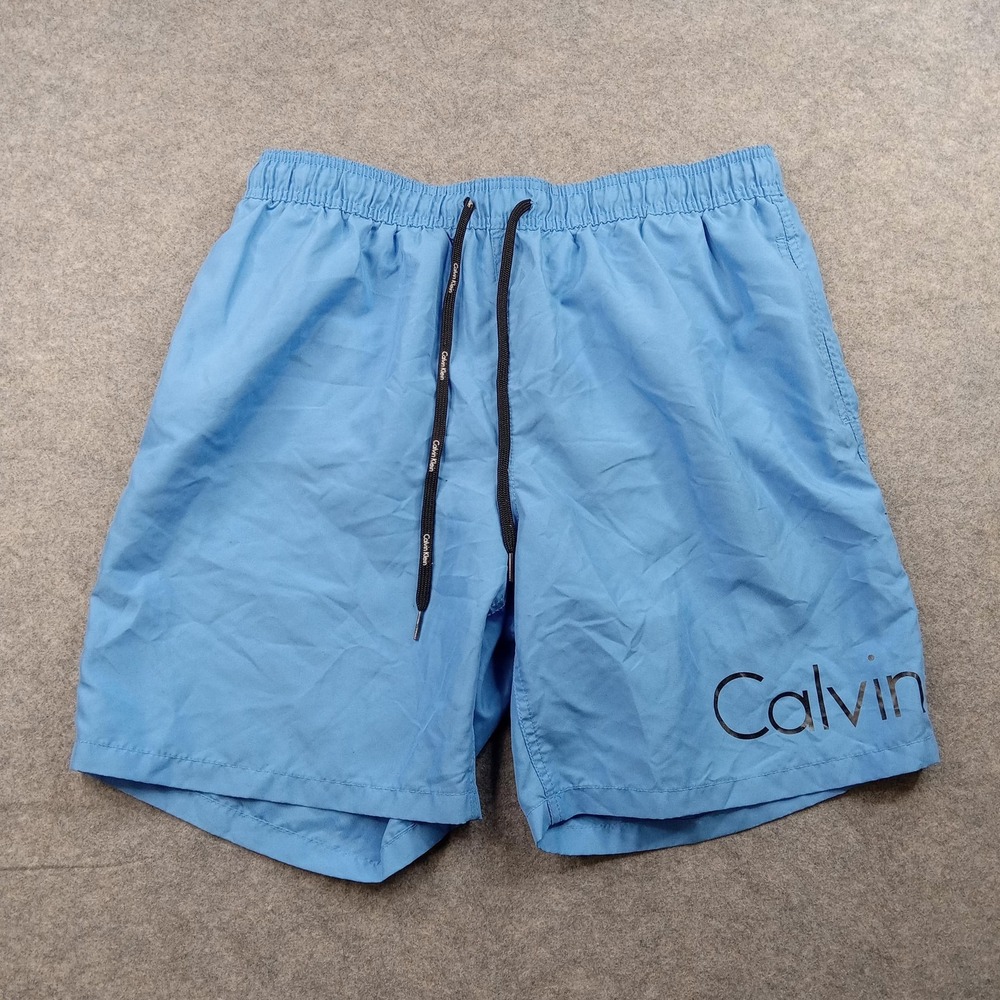 Calvin Klein Swim Trunks Shorts Mens XL Blue Logo Drawstring Mesh Lined Swimwear